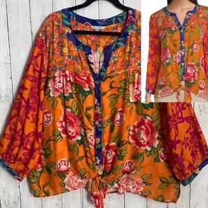 John Mark 3X Orange Rose Floral Button Down Tie Front Boho Top Long Sleeve NWT